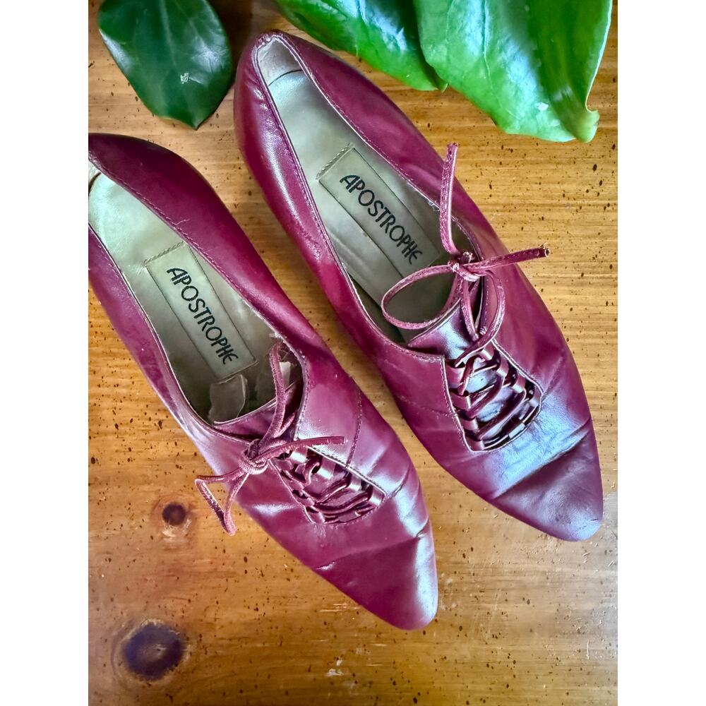 Vintage Nicole Burgundy Leather Lace Up Pointed Toe Heels Size 7 Brazil